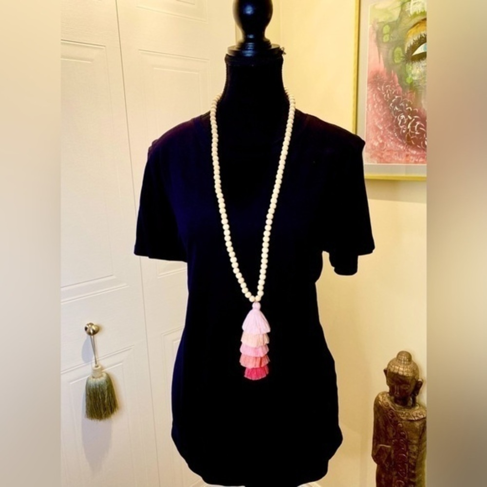Langston Colorful Tassel Necklace natural wood beads, no clasp necklace.  🩷🤍❤️